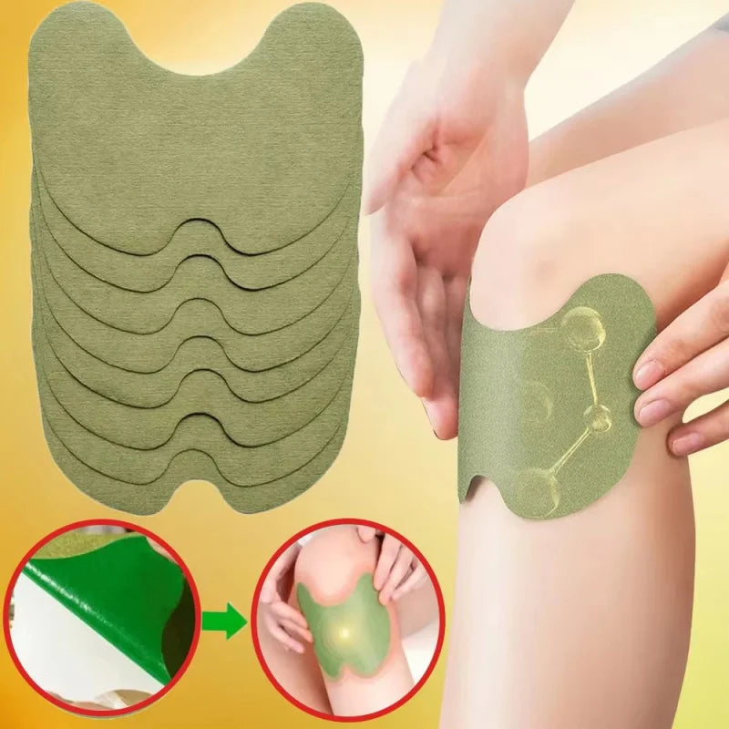 Acupuncture heat patches are shown layered on a diagram and applied to a knee for relief.