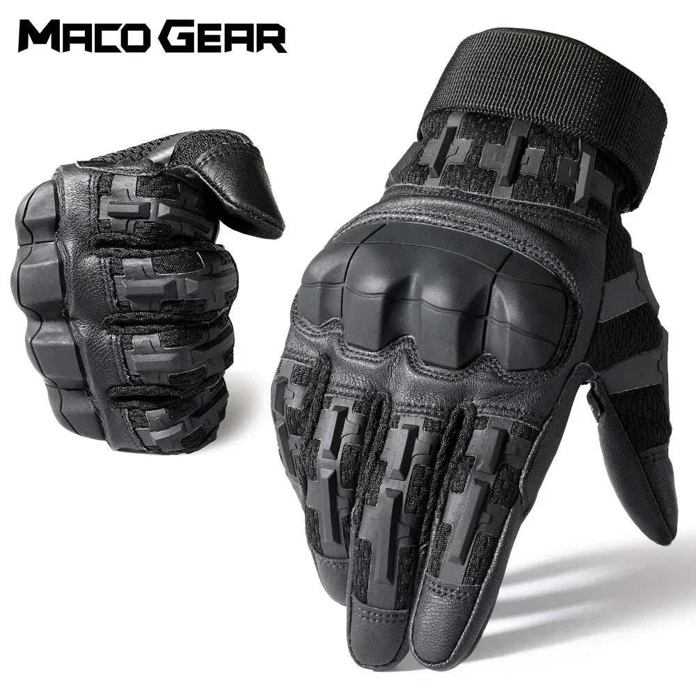 Black tactical PU leather touch screen gloves shown in a close-up view