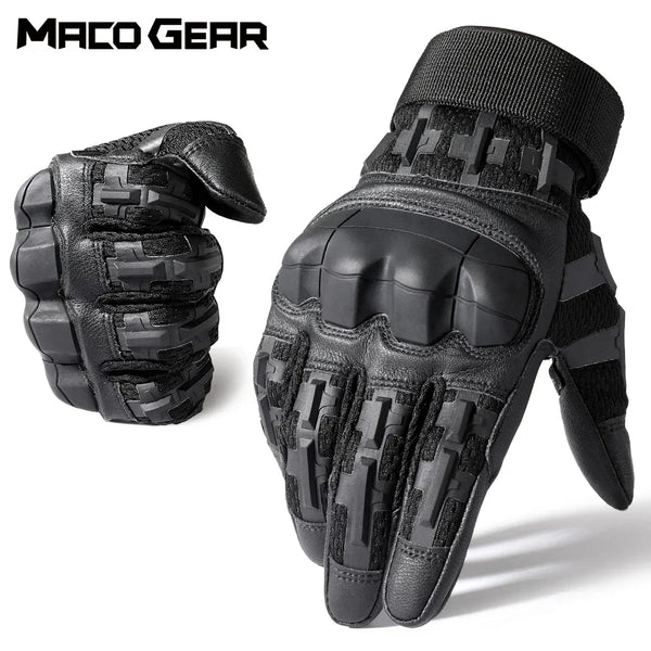Black tactical PU leather touch screen gloves shown in a close-up view