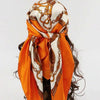 An orange satin square scarf with gold chain detailing tied around a person's hair.