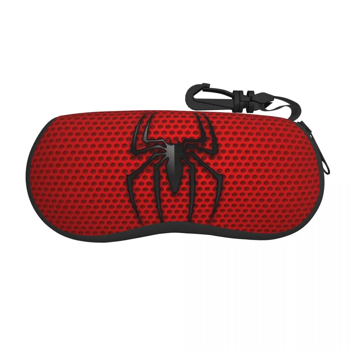 A red pouch with a black spider web design and a strap for storing eyeglasses.