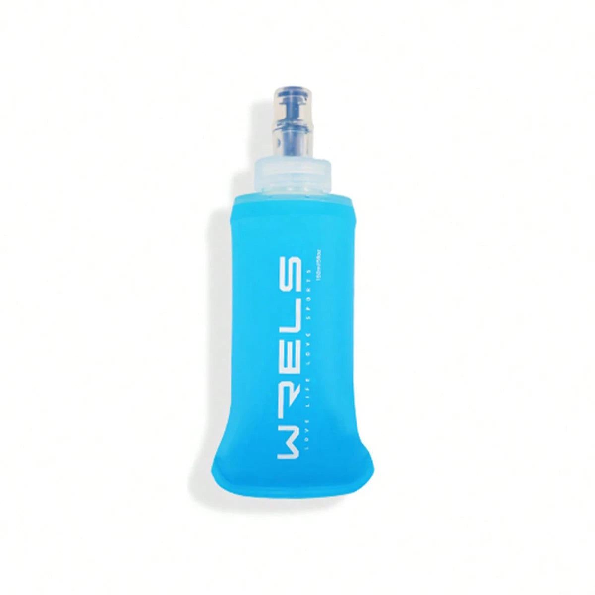 A light blue silicone water bottle with a clear cap is shown against a white background.