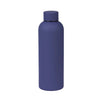 A dark blue insulated stainless steel thermos cup with a black cap.