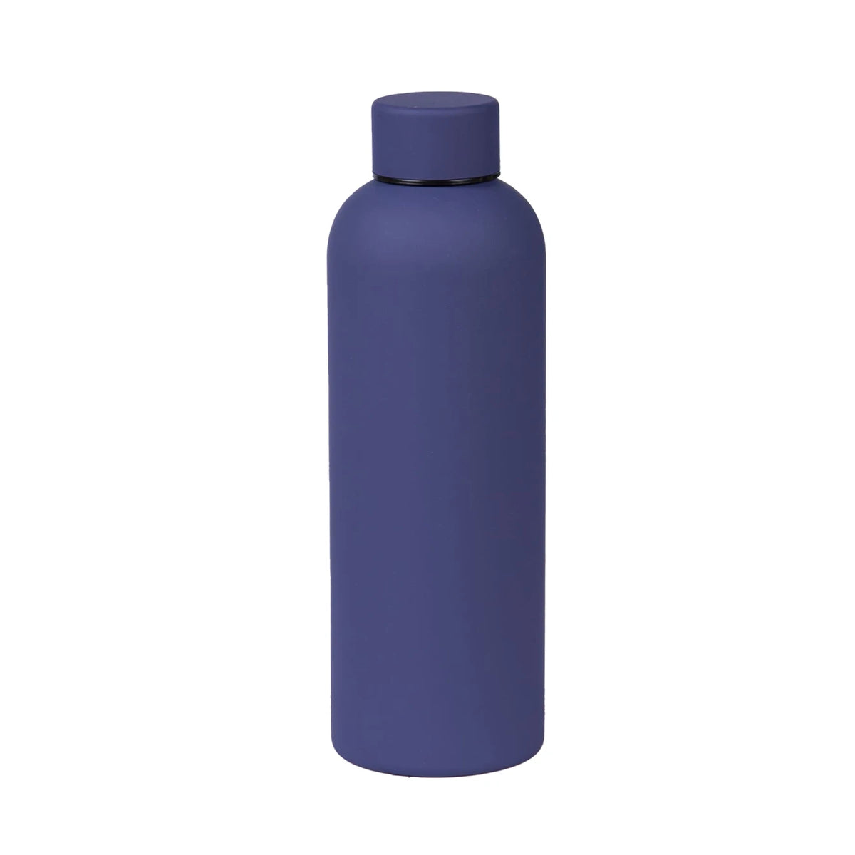 A dark blue insulated stainless steel thermos cup with a black cap.