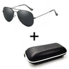 A pair of black classic polarized pilot sunglasses with a matching black leather case.