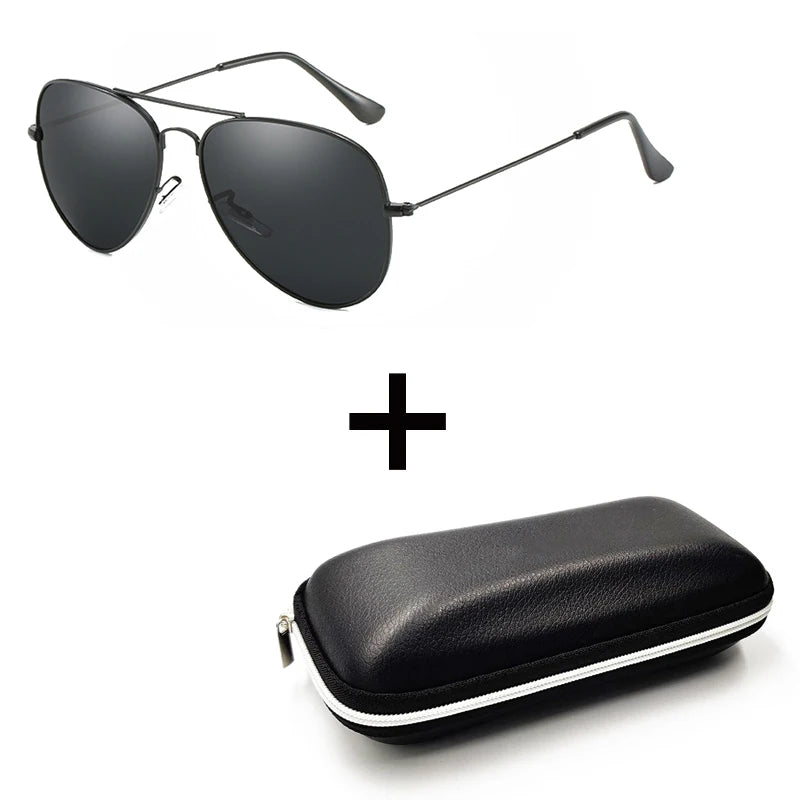A pair of black classic polarized pilot sunglasses with a matching black leather case.