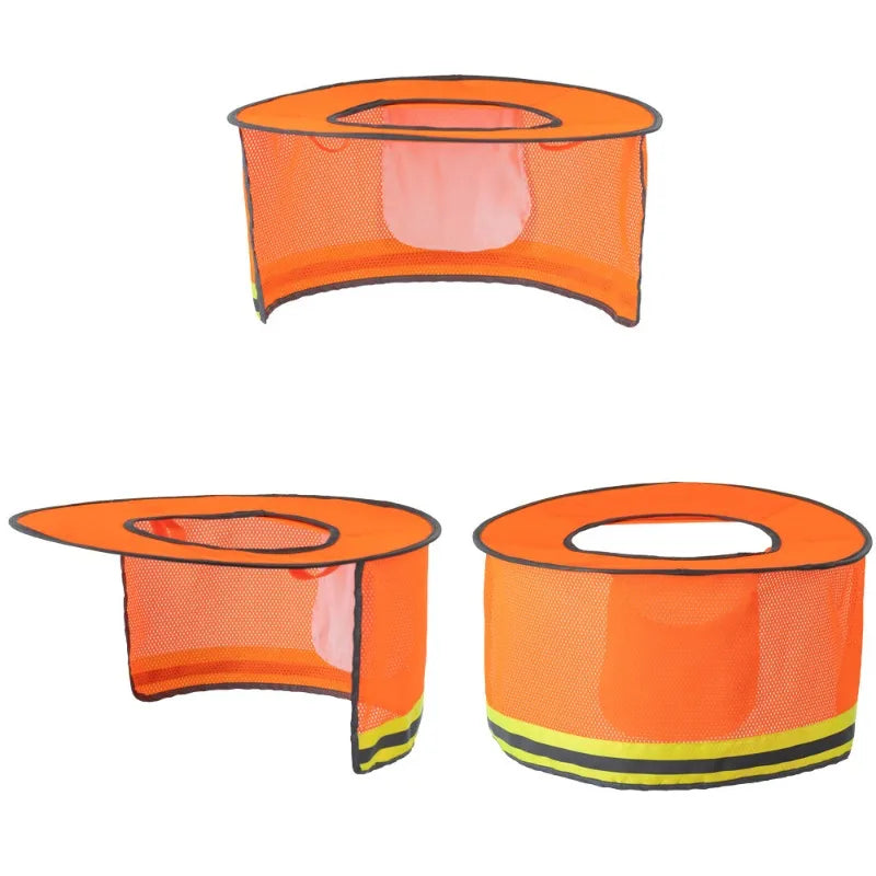 Orange high visibility reflective safety neck shield hat with a mesh visor