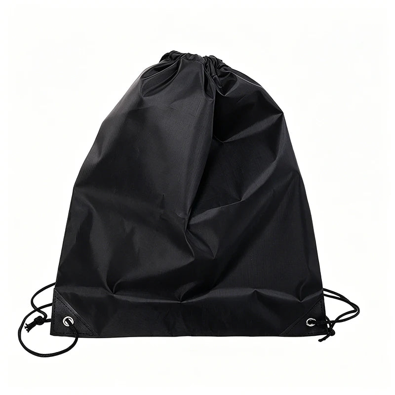 Black durable nylon drawstring backpack shown from the front.