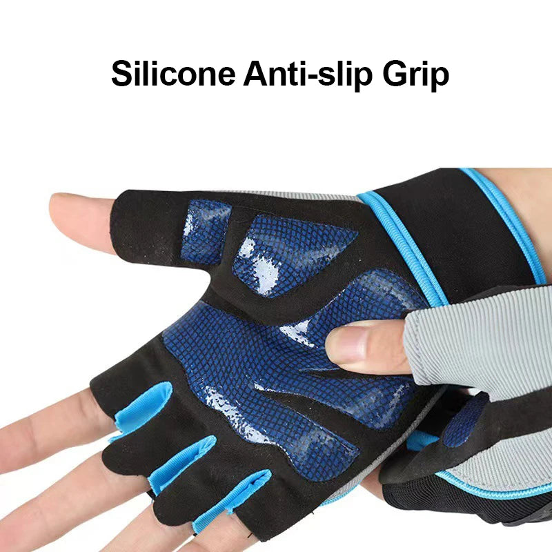 A hand wearing black silicone anti-slip grip gloves with blue accents for fitness or weightlifting.