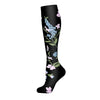 Black compression socks with a floral pattern featuring purple and blue flowers.
