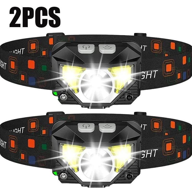 Two powerful LED rechargeable camping headlamps shown against a white background.