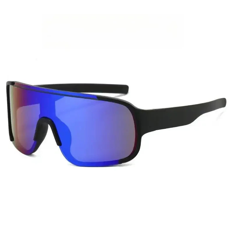 A pair of blue-tinted sports sunglasses with black frames.