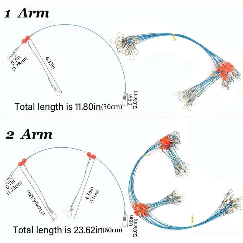 Two saltwater fishing tackle rigs are shown, detailing the length and components of each arm.
