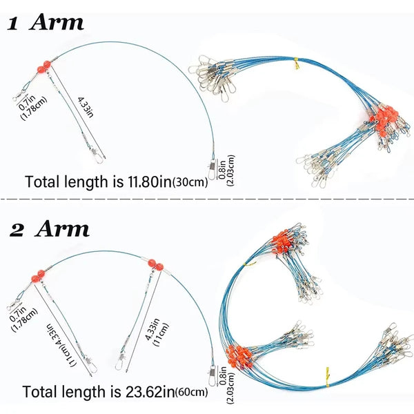 Dos aparejos de pesca con sal y tackle detallando la longitud y componentes de cada brazo.