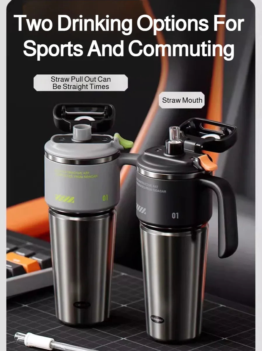Two insulated stainless steel tumblers for sports and commuting, showing straw pull-out and mouth straw options.