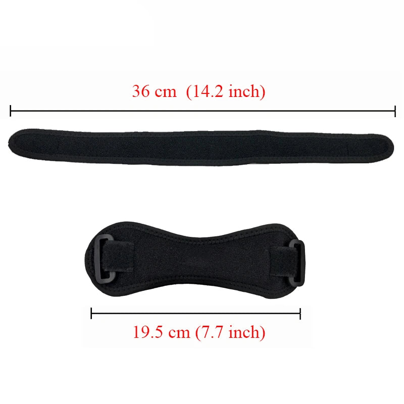 Black adjustable patella tendon support brace shown with dimensions 36 cm (14.2 inch) and 19.5 cm (7.7 inch).
