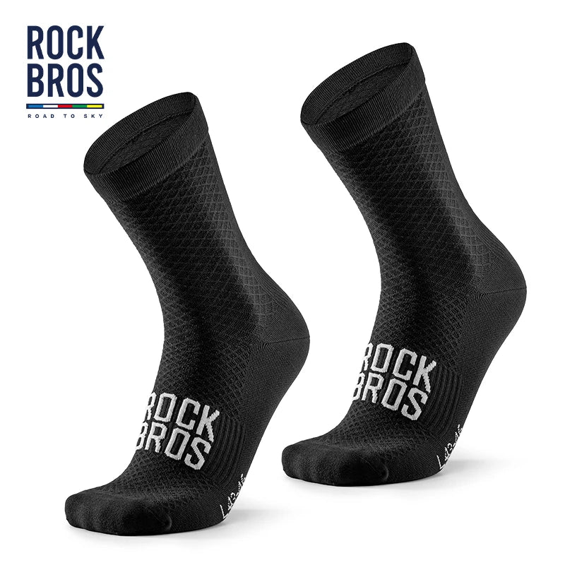 A pair of black Rock Bros cycling and mountain biking socks shown from the side.