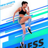 Atleta femenina con top deportivo negro y pantalones grises realizando un movimiento con manga de compresión azul en la panto