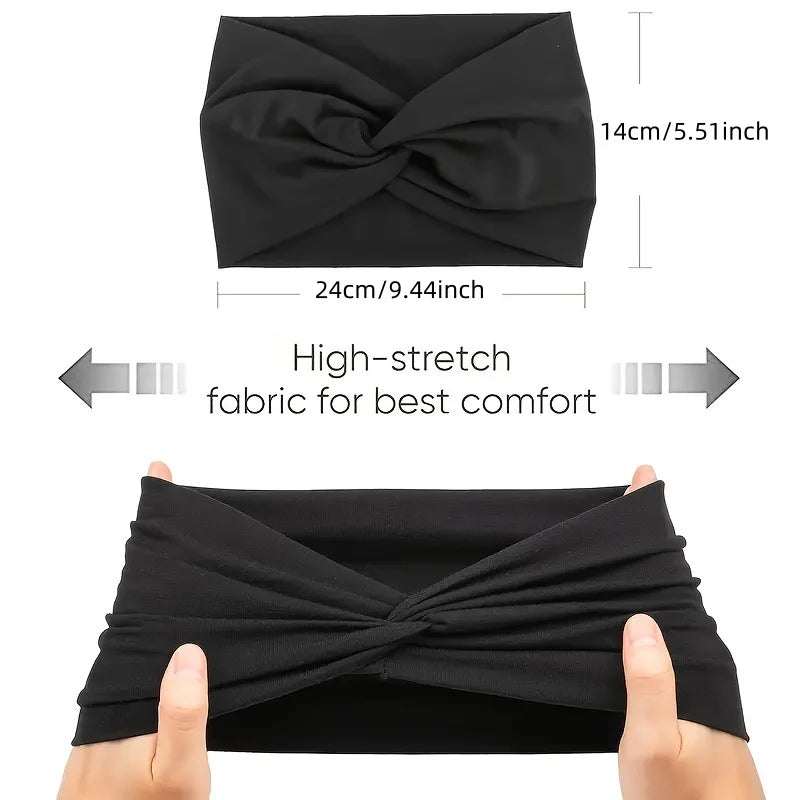 Black adjustable sports headband shown flat and being worn by hands