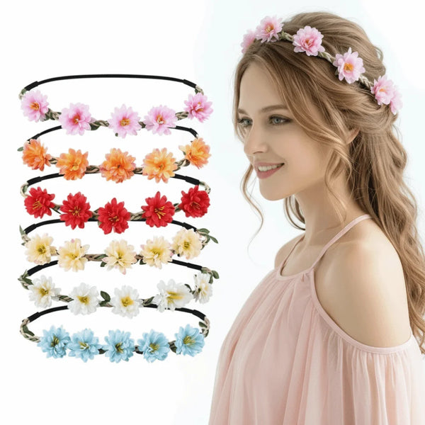 A woman wearing a pink floral rose wreath crown headpiece with light brown hair.