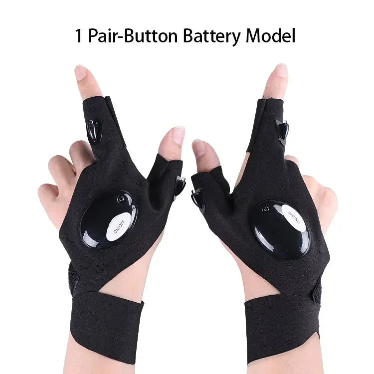 Pair of black button battery tactical gloves for multi-use flashlight