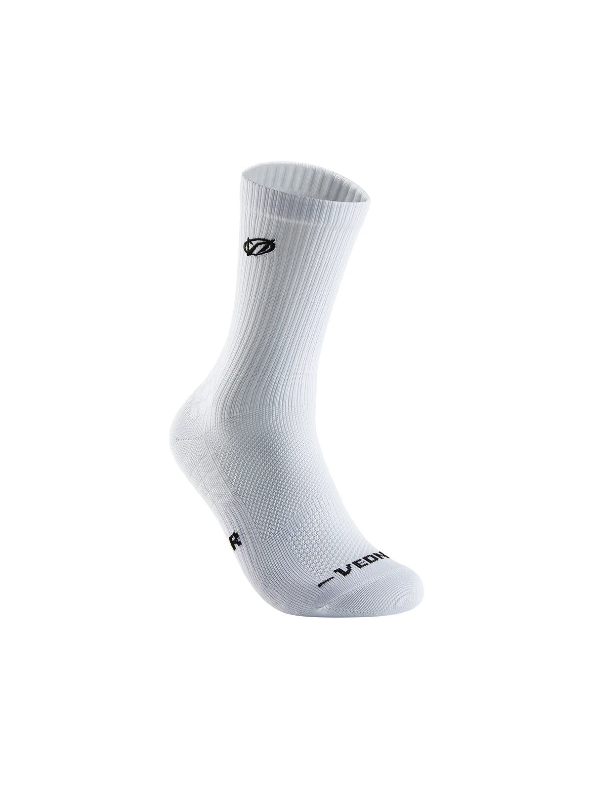White athletic running socks with arch support, shown in a vertical view.
