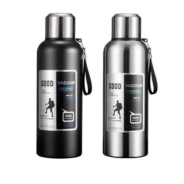 A pair of large capacity stainless steel insulated tumblers in black and silver finish.