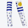White arm sleeves featuring blue stripes and a yellow sun emblem