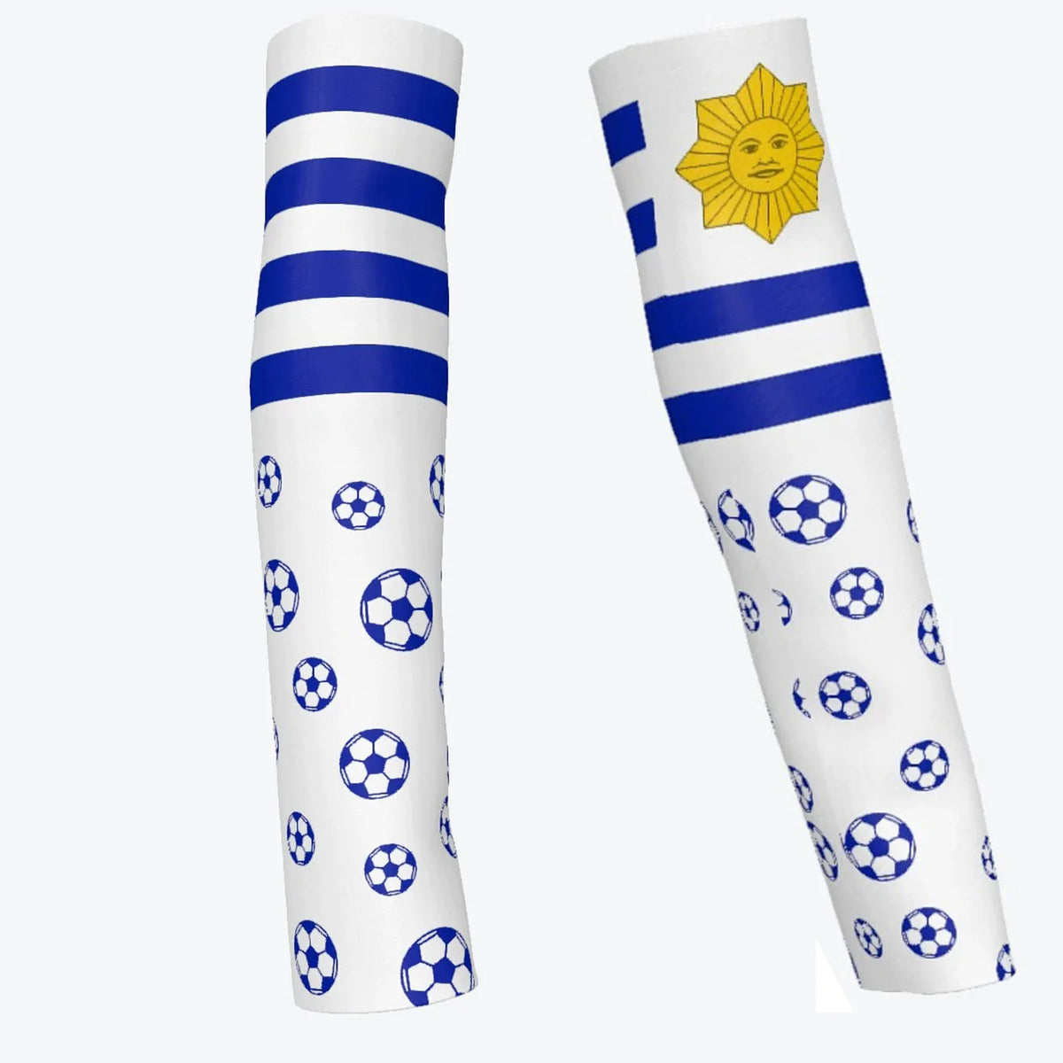 White arm sleeves featuring blue stripes and a yellow sun emblem