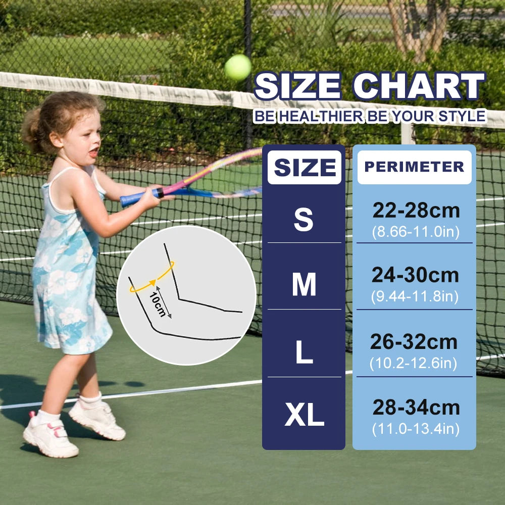 Größenübersicht für Kinder-Jugend-Sport-Kompressionsärmel, mit Größen S, M, L und XL und entsprechenden Umfängen.