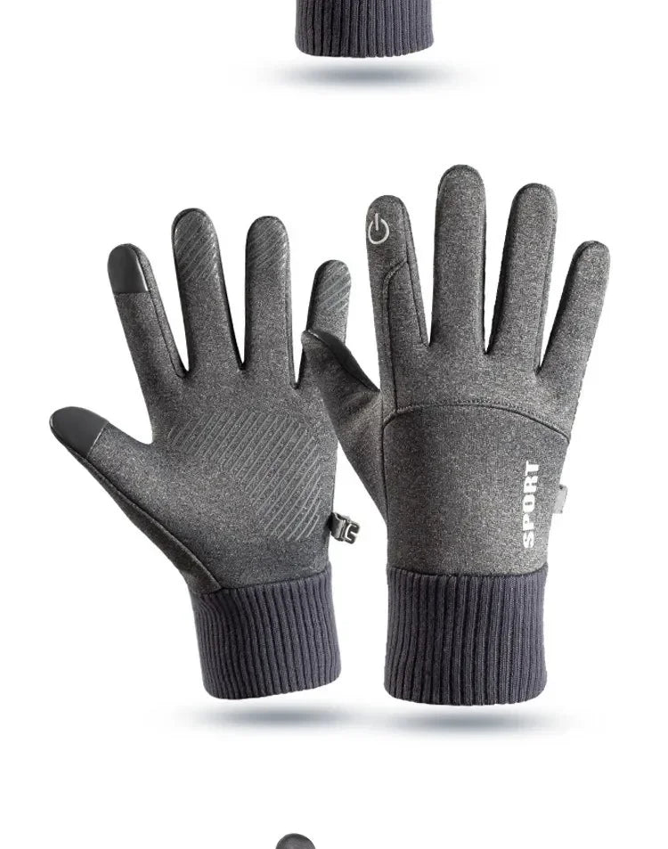 A pair of gray thermal fleece touchscreen gloves shown against a white background.