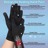 Black copper infused healing gloves designed for hand pain relief featuring non-slip strips and flexible fibers.