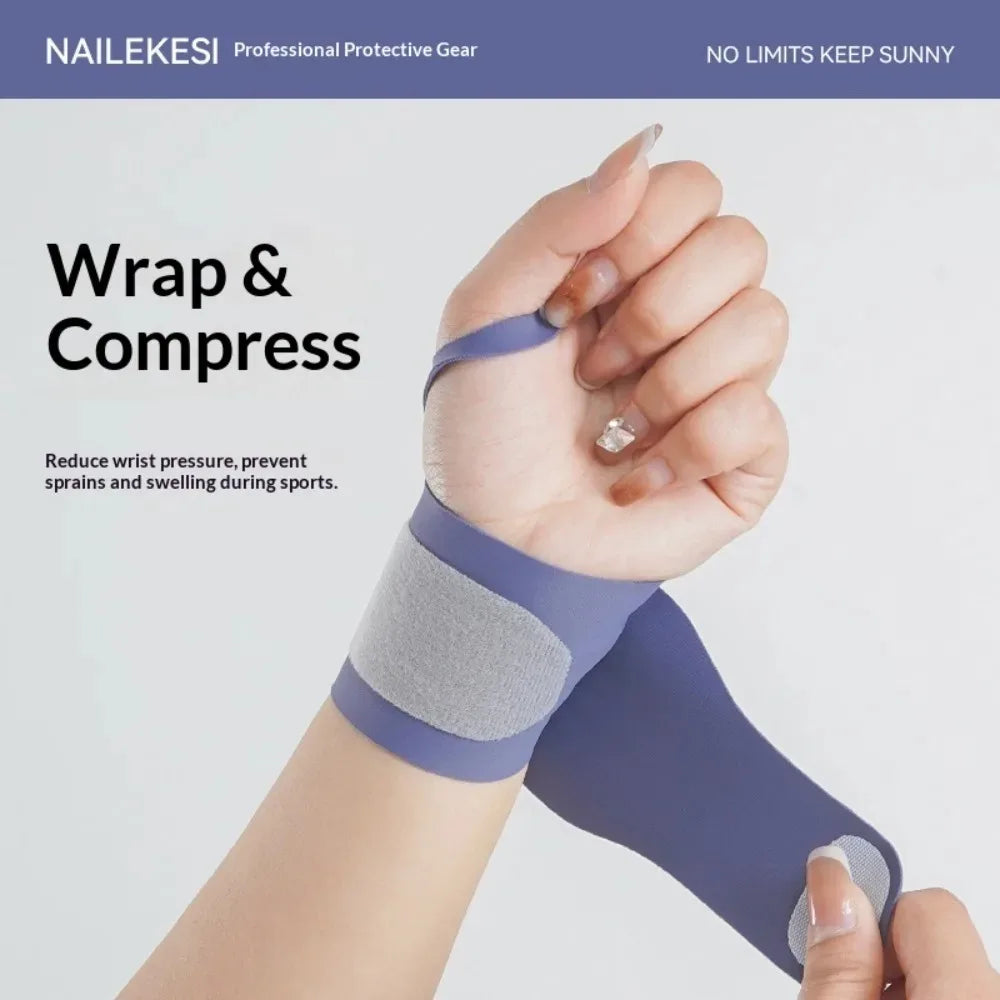 A hand is applying a purple wrist compression brace to reduce pressure and prevent sprains during sports.