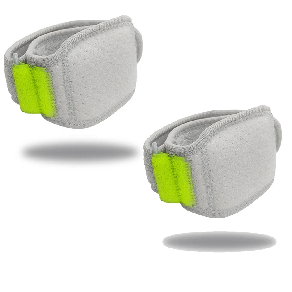 Gray adjustable tennis elbow brace with neon yellow accents shown from above.