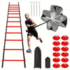 Paracaídas de entrenamiento de fútbol con escalones rojos y negros y un paracaídas plateado