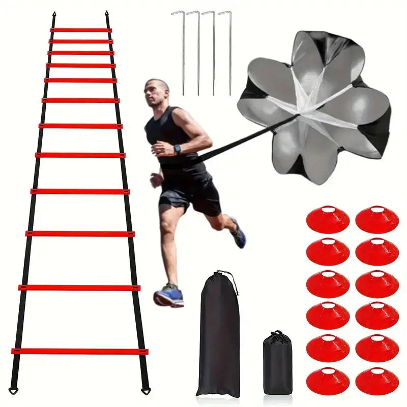 Paracaídas de entrenamiento de fútbol con escalones rojos y negros y un paracaídas plateado