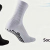 Paire de chaussettes de football avec grip silicone anti-dérapant blanches et noires, vue de côté.