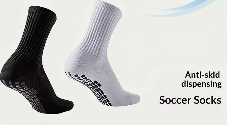 Paire de chaussettes de football avec grip silicone anti-dérapant blanches et noires, vue de côté.