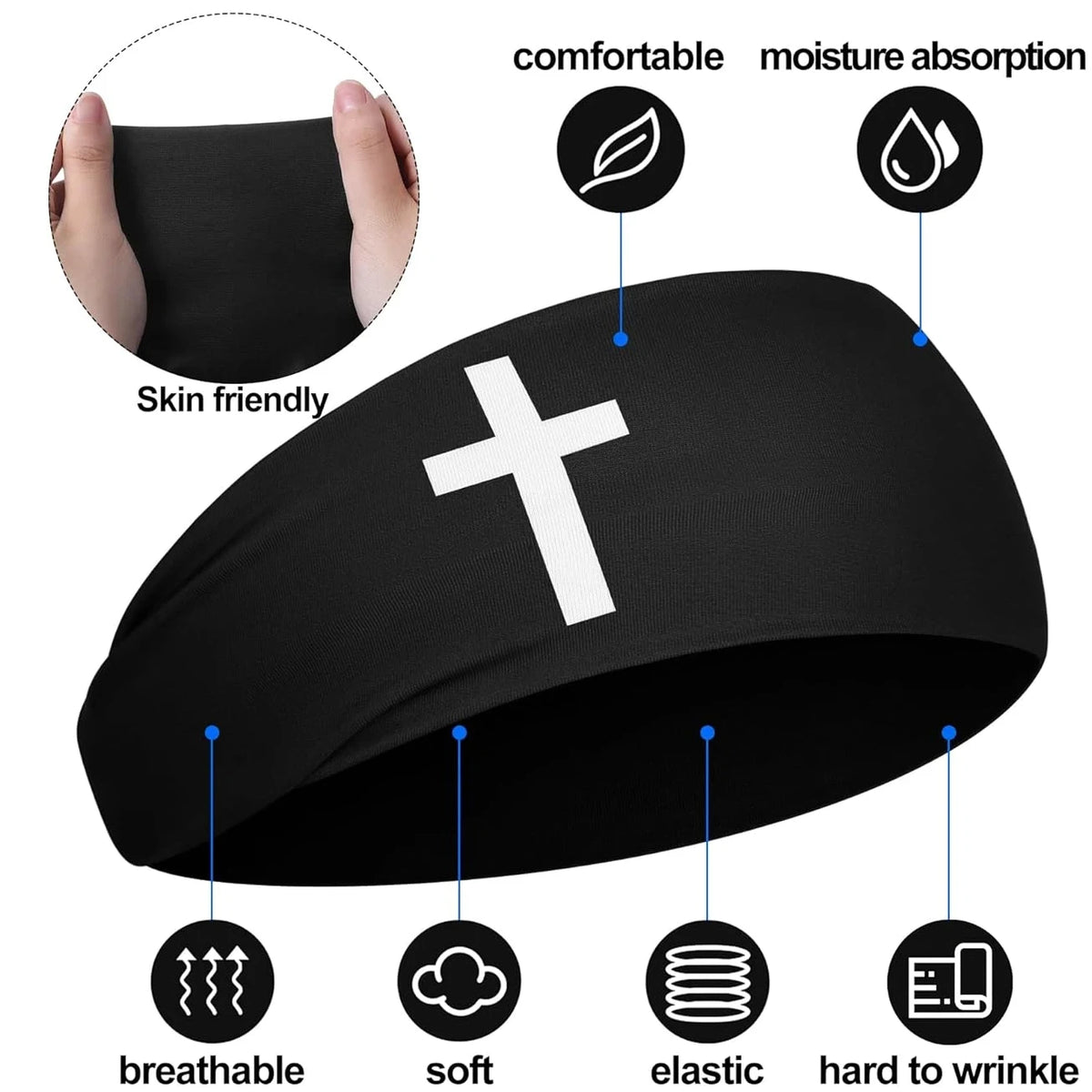 Black men's athletic sweat headband showing features like comfort, moisture absorption, breathability, softness, elasticity, 