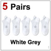 Five pairs of white grey breathable men's running socks displayed side by side.
