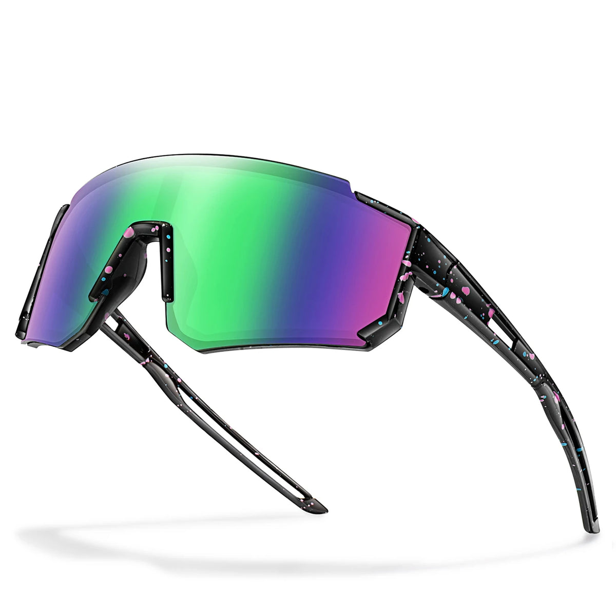 A pair of purple and green UV protection baseball sunglasses for kids displayed against a white background.
