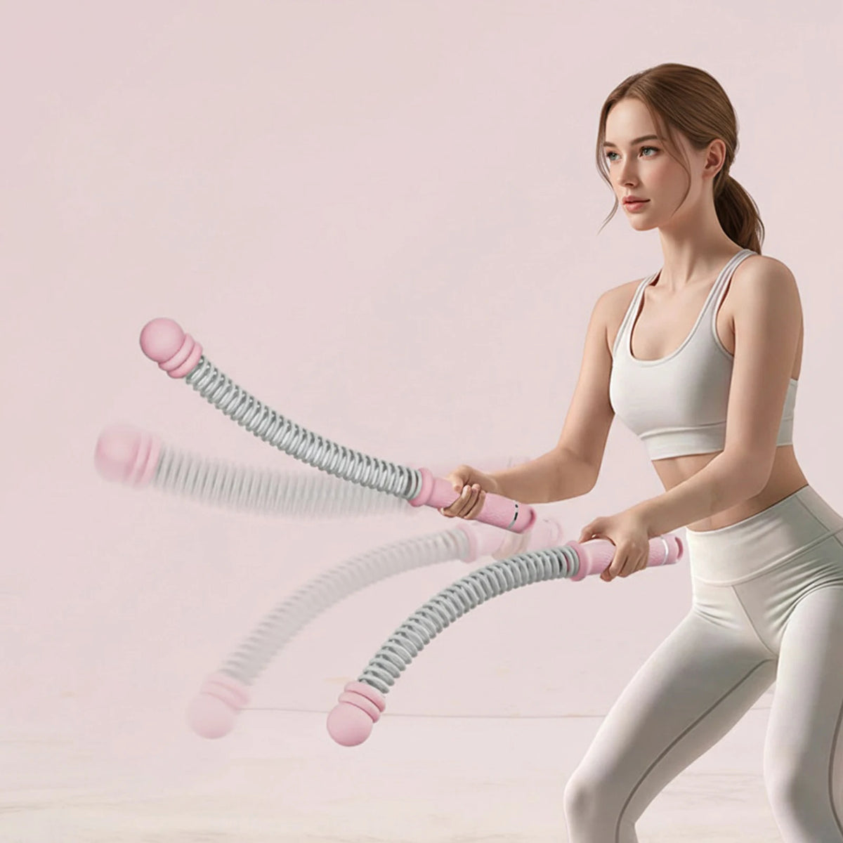 A woman demonstrates using adjustable ropeless battle ropes for home fitness exercise.