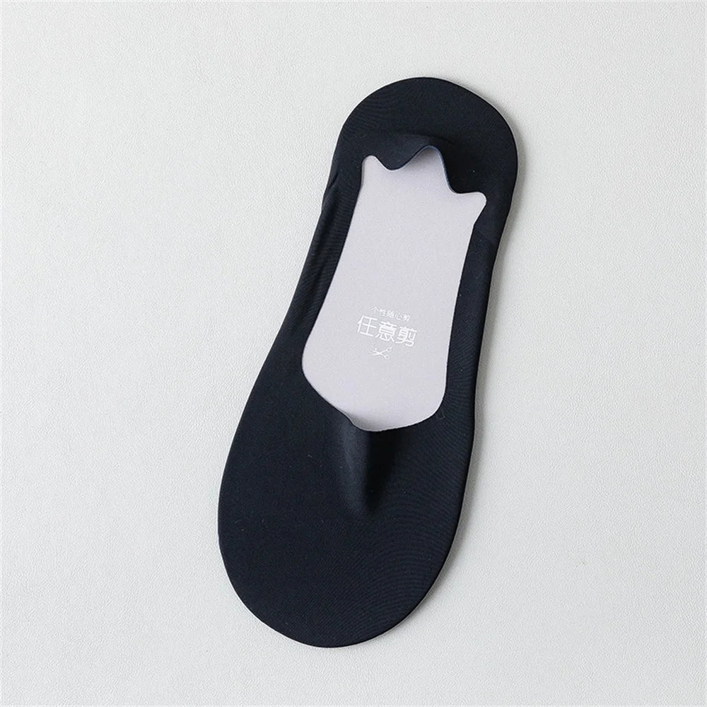 A pair of black men's invisible boat socks shown flat on a white background.