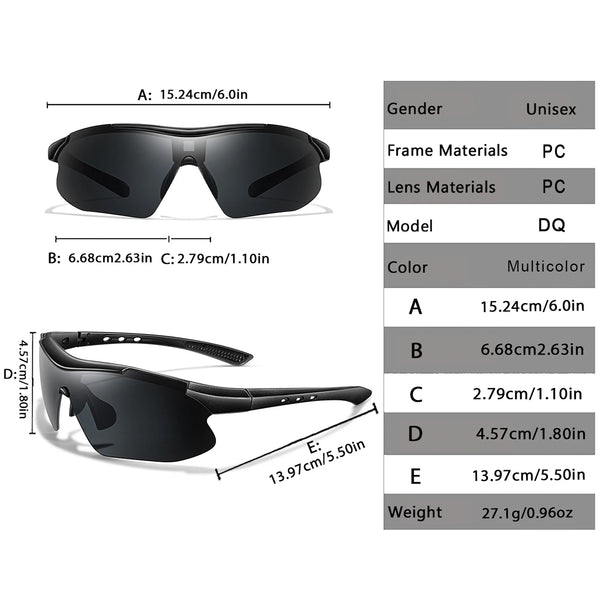 A set of black sporty UV protection sunglasses shown with various measurements and components.