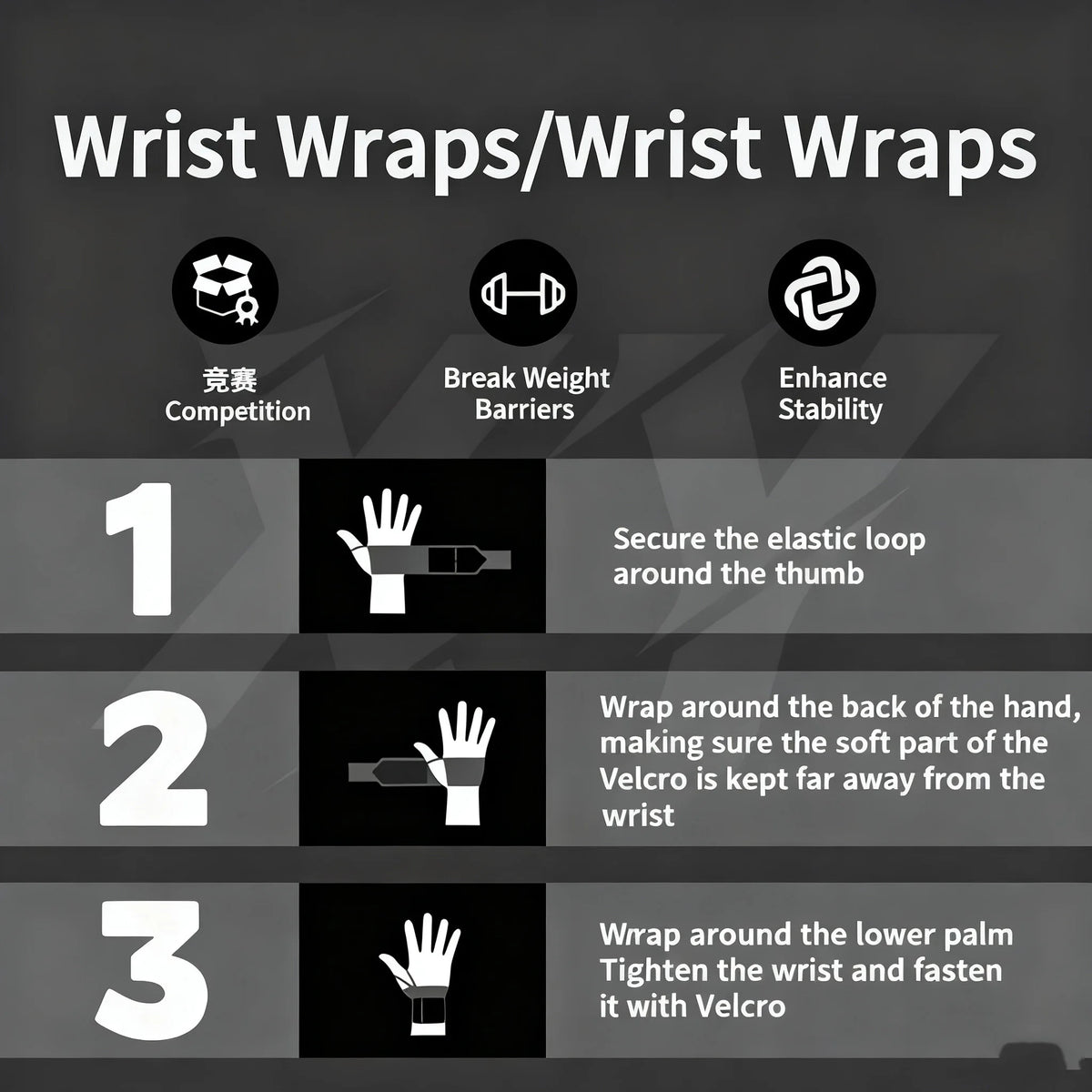 Instructions showing how to wear wrist wraps, including securing elastic loops and wrapping around the hand.