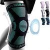 A black knee brace with teal accents is shown on a leg, alongside various colored braces and a clear silicone insert.