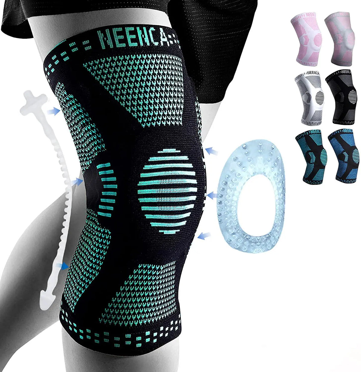 A black knee brace with teal accents is shown on a leg, alongside various colored braces and a clear silicone insert.