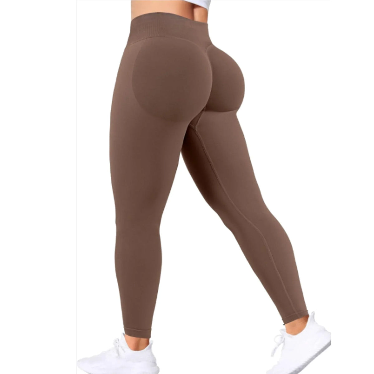 Un mannequin portant des leggings de yoga sans couture à taille haute de couleur marron.
