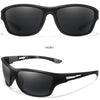 A pair of black polarized cycling sunglasses shown from the front and a side angle.