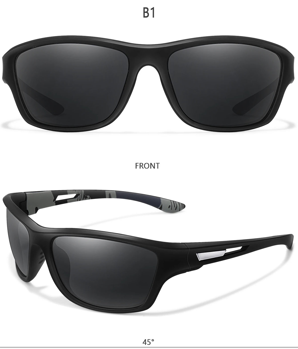 A pair of black polarized cycling sunglasses shown from the front and a side angle.
